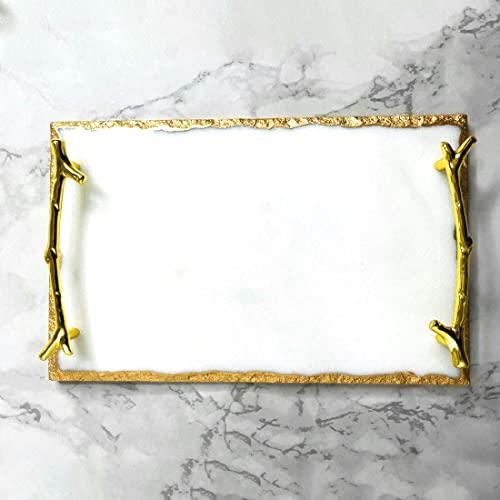 Luxury Marble Tray with Stylish Metal Handles, Vanity Tray for Jewelry Display, Marble Serving Tray, Marble Tray for Kitchen, Counter, Dresser, Nightstand and Desk (White with Gold Edges and Handles)