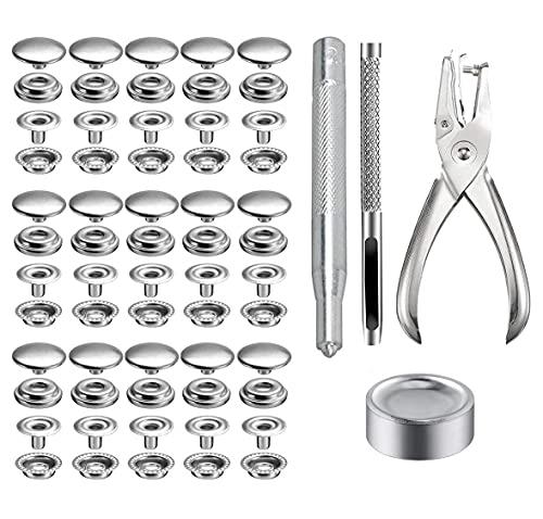 BetterJonny 200 Pieces Stainless Steel Snap Fastener Kit, 15mm Heavy Duty Snap Button Press Stud Cap with Pliers and 3 Setting Tools for Marine Boat Canvas Bag Leather DIY Craft