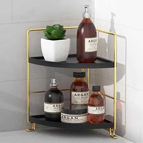 FSyueyun 2-Tier Corner Bathroom Countertop Organizer, Kitchen Spice Rack Makeup Storage Shelf Vanity Bedroom Storage Tray (Gold & Black)