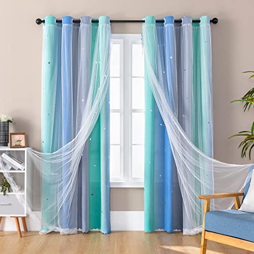 XiDi Dream Star Blackout Curtains for Kids Rooms Boys Green Curtain for Bedroom Window Blue Grey, W52 X L63