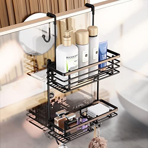 Shower Caddy Over Shower Door, Shower Hanging Organizer, No Drilling Over the Door Shower Storage Caddy with 2-Tier Rack and Hooks, Holds Body Wash, Shampoo, Soap, Razor, Towel