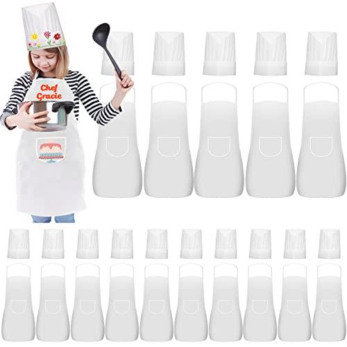 Ecoofor 30 Pieces kids chef hat and apron Ages 5-12 Personalized Kids Apron with Pocket Children Chef Apron and Hats for Boys Girl's Kitchen Cooking Baking Painting Wear, Style 1