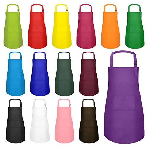 15 PCS Kids Aprons with Pockets Adjustable Chef Painting Aprons Bulk for Girls Boys Aged 6-13 Cooking Baking Crafting, Multi-color, Large