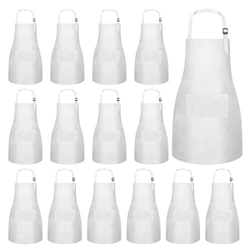 15 PCS Kids Aprons with Pockets Adjustable Chef Painting Aprons Bulk for Girls Boys Aged 6-13 Cooking Baking Crafting, White, Large