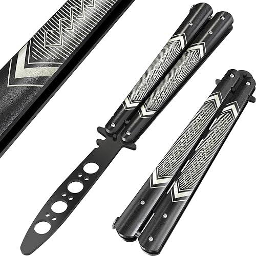 GOOD WORKER Butterfly Knife Trainer - Practice Balisong Butterfly Knives NOT Real NOT Sharp Blade - Black Dull Trick Butterfly - Butter Fly Training K14B