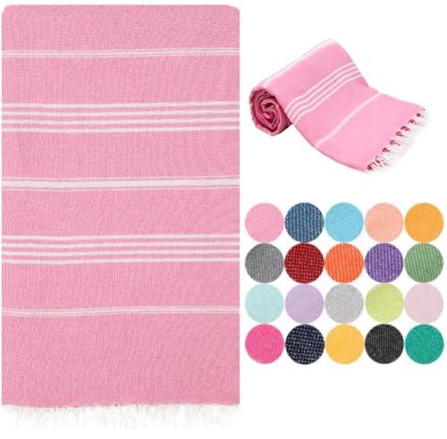 Park & Oz Turkish Peshtemal Beach Towels, 100% Cotton, Toallas Turcas, Lightweight, Fast Drying, Great for Travel, Yoga, Pool, Spa and Bath- Absorbent, Sand Free, Multipurpose Towel (Pink)