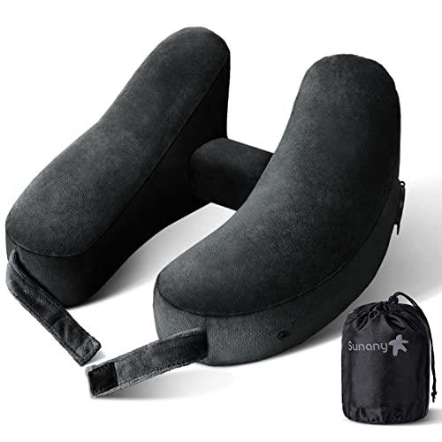 Sunany Neck Pillow for Travel Inflatable Airplane Pillow Comfortably Supports Head, Neck and Chin, Inflatable Travel Pillow with Soft Velour Cover and Portable Drawstring Bag (Black)