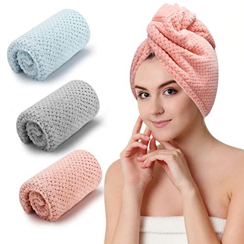CZZXI 3 PCS Microfiber Hair Towel, Wraps for Women Wet Hair, Fast Drying Turban, Anti Frizz Head Towels Wrap Curly (Grey, Pink, Blue) Blue, Grey, Pink