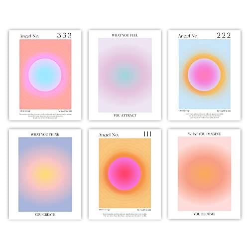 Canssape Gradient Aura Angle Number Poster Prints Inspirational Quotes Office Wall Art Set of 6 Danish Pastle Prints for Room Aesthetic 8"x10" Preppy Wall Decor (Unframed)