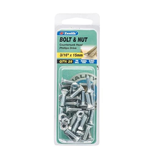 Zenith Countersunk Zinc Plated Bolt & Nut 25-Pieces Set, 3/16-Inch x 15mm