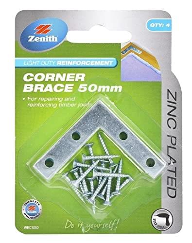 Zenith Zinc Plated Steel Flat Corner Brace Bracket, 50mm Size (Pack of 4)
