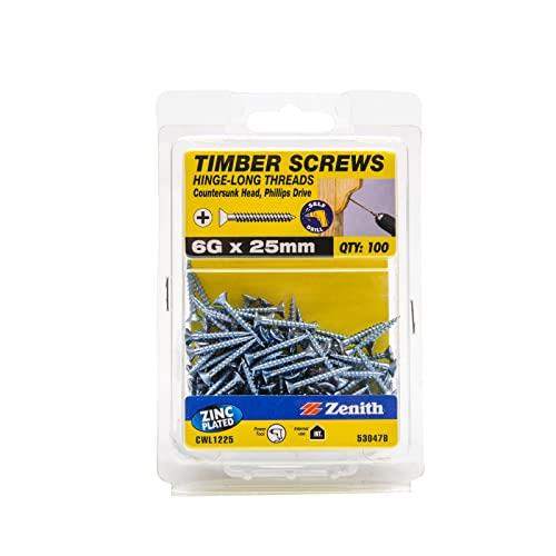 Zenith Phillips Drive Hinge Long Thread Countersunk Head Zinc Plated Timber Screws, 6G x 25 mm Size (100 Pieces)