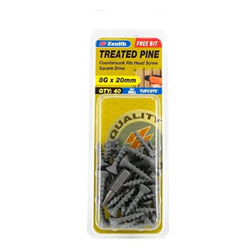 Zenith Tufcote Square Drive Countersunk Ribbed Head Treated Pine Screws, 8G x 20 mm Size 40 Pieces)