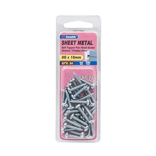 Zenith Slotted Phillips Drive Pan Head Sheet Metal Self-Tapping Screws, Zinc Plated, 8G x 18 mm Size (30 Pieces)