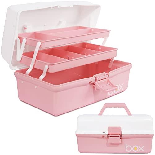 TERGOO 12in Three-Layer Multipurpose Storage Box Organizer Folding Tool Box/Art & Crafts Case/Sewing Supplies Organizer/Medicine Box/Family First Aid Box with 2 Trays (White Pink), TGB-001