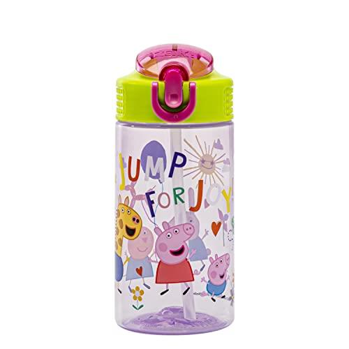 Zak Designs Peppa Pig Kids Water Bottle For School or Travel, 16oz Durable Plastic Water Bottle With Straw, Handle, and Leak-Proof, Pop-Up Spout Cover (Peppa & Friends)