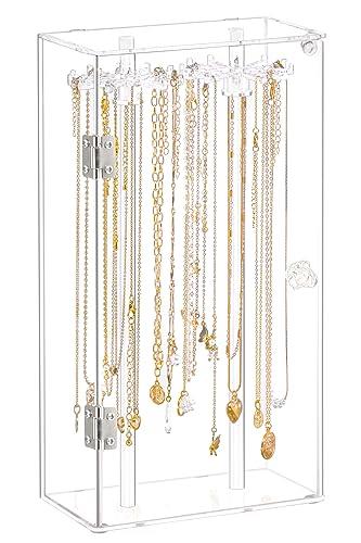 boailydi Acrylic Necklace Holder, Necklace Organizer, Rotatable Clear Jewelry Organizer Display Case for Long Necklaces Pendant Bracelets, Jewelry Holder
