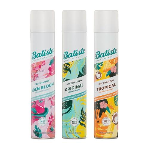 Batiste Dry Shampoo Favourites Triple Bundle - Quick Refresh for All Hair Types - Revitalise Oily Hair 1x Original, 1x Tropical & 1x Eden Bloom, 350ml