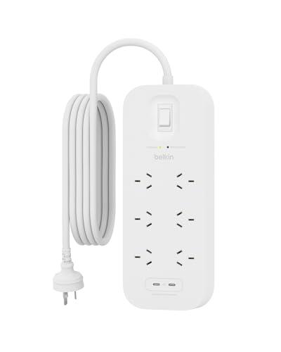 Belkin 6-Outlet Surge Protector Power Strip, Wall-Mountable with 6 AC Outlets, 6.6ft/2M Power Cord, & LED Indicator Light - 2 USB-C Ports w/ 30W Power Delivery Fast Charging - 650 Joules of Protection