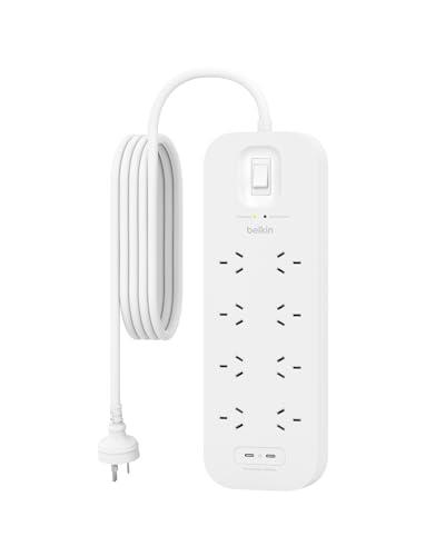 Belkin 8-Outlet Surge Protector Power Strip, Wall-Mountable with 8 AC Outlets, 6.6ft/2M Power Cord, & LED Indicator Light - 2 USB-C Ports w/ 30W Power Delivery Fast Charging - 900 Joules of Protection