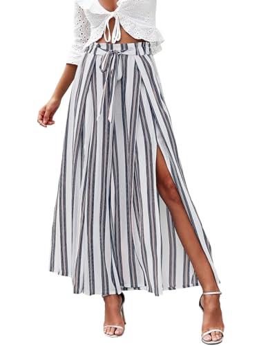 Simplee Women's Elegant Striped Split High Waisted Belted Flowy Wide Leg Pants, A1-white Stripe, X-Large
