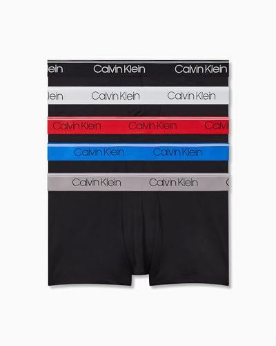 Calvin Klein Men's Micro Stretch Low Rise Trunk, Black Bodies with Lake Blue/Cherry Kiss/Dahlia/Moss Grey/Eiffle Tower Waist Bands, Large (Pack of 5)