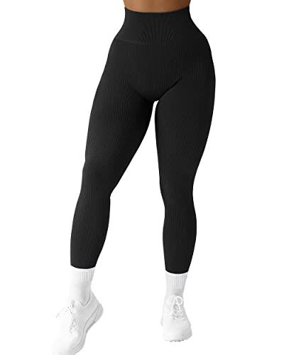 SUUKSESS Women Ribbed Seamless Leggings High Waisted Tummy Control Gym Workout Yoga Pants (Black, S)