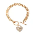 GUESS Goldtone Dangle Logo Heart Charm Chain Toggle Bracelet, one size, Metal, no gemstone