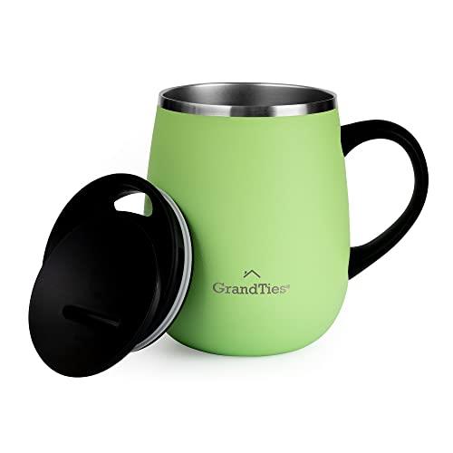 GRANDTIES Insulated Coffee Mug with Handle- Sliding Lid for Splash-Proof 16 oz Wine Glass Shape Thermal Tumbler Double Walled Vacuum Stainless Steel to Keeps Beverages Hot or Cold-Fresh Mint