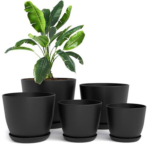 Utopia Home Plastic Planters - Flower Nursery Pots Indoor Modern Decorative Plastic Pots for Plants, Succulents, Flowers, and Cactus (Pack of 5, Black)