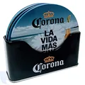 The Tin Box Company Corona 6 pc Coaster Set with Standing Metal Holder, Ocean Scene