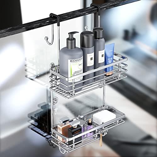 Gaseawolf Over the Door Shower Caddy, Stainless Steel Hanging Shower Caddy, No Drilling Shower Organizer Over Shower Door with 2-Tier Rack and Hooks, Holds Body Wash, Shampoo, Soap, Razor, Towel