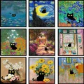9 Pcs Funny Black Cat Wall Art Poster Prints Vintage Sunflower Canvas Artwork Pictures Gift Cute Room Decor Eclectic Aesthetic Floral Monet Van Gogh for Living Bathroom Bedroom Decorate Unframed