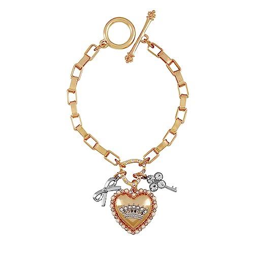 Juicy Couture Goldtone Heart and Ribbon Charm Toggle Bracelet For Women, One Size, Metal, glass stone