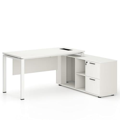 HelloFurniture Emery 160cm L-Shaped Executive Office Desk Workstation Table Cabinet Shelves Storage, White