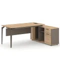 HelloFurniture Ellis180cm L-Shaped Executive Office Desk Workstation Table Cabinet Shelves Storage, Oak Grey