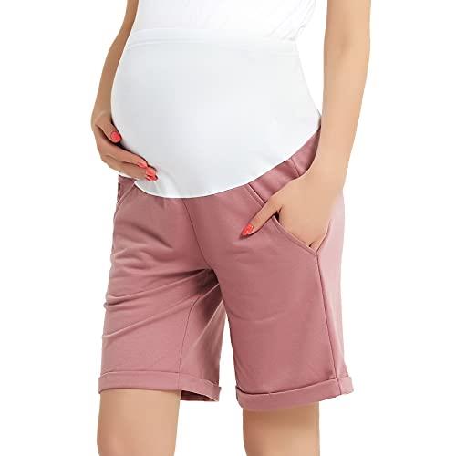 Bhome Maternity Bermuda Shorts Over The Belly Workout Loose Casual Pregnancy Pants with Pockets, Dark Pink, X-Large