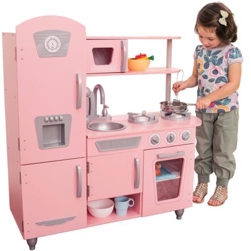 KidKraft Pink Vintage Toy Kitchen, Wooden Play Kitchen with Toy Phone, Kids' Kitchen Set with Retro Toy Fridge, 53179