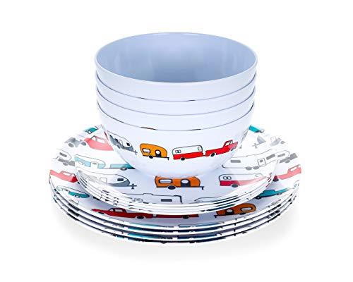 Camco Life is Better at The Campsite 12 Piece Dishware Set-Multicolor Retro RV and Trailer Print, Includes Plates and Bowls, Perfect for RVing and Camping (53297)