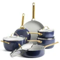 GreenPan Hard Anodized Healthy Ceramic Nonstick 10 Piece Cookware Pots and Pans Set, Gold Handle, PFAS-Free, Dishwasher Safe, Oven Safe, Dark Blue