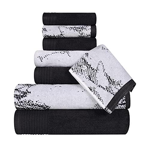SUPERIOR Cotton Towel Set, Absorbent, Fast-Drying 8-Piece Towels, Bathroom Decor, Marble Solid Pattern, Includes 2 Bath, 2 Face, and 4 Hand Towels, Black