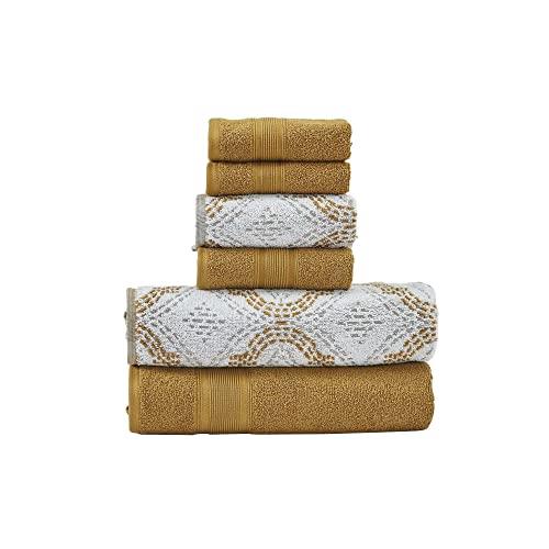 Modern Threads Capri 6-Piece Reversible Yarn Dyed Jacquard Towel Set - Bath Towels, Hand Towels, & Washcloths - Super Absorbent & Quick Dry - 100% Combed Cotton, Gold