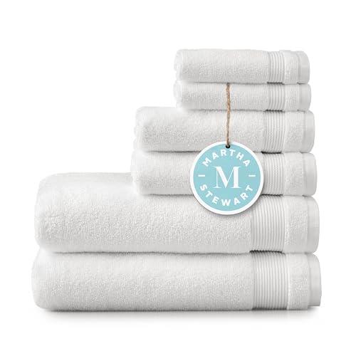 MARTHA STEWART Cotton Bath Towels Set - 6 Piece | 2 White Bath Towels - 2 Hand Towels - 2 Washcloths | Soft Quick Dry Bathroom Towels | Bathroom Essentials | Shower | Toallas Serviette