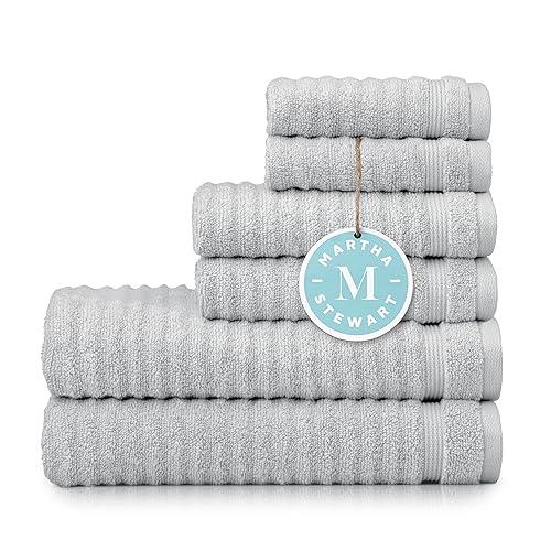 MARTHA STEWART 100% Cotton Bath Towels Set of 6 Piece, 2 Bath Towels, 2 Hand Towels, 2 Washcloths, Quick Dry Towels, Soft & Absorbent, Bathroom Essentials, Textured Gray