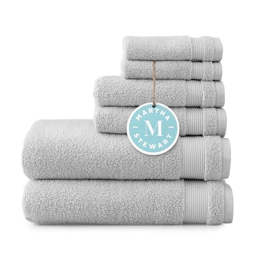 MARTHA STEWART 100% Cotton Bath Towels Set of 6 Piece, 2 Bath Towels, 2 Hand Towels, 2 Washcloths, Quick Dry Towels, Soft & Absorbent, Bathroom Essentials, Towel Sets for College Dorm, Light Gray