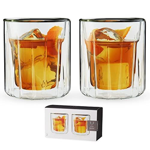 Viski Double Walled Rocks Glasses - Insulated Whiskey Tumblers with Cut Crystal Design - Dishwasher Safe 10.5oz Set of 2