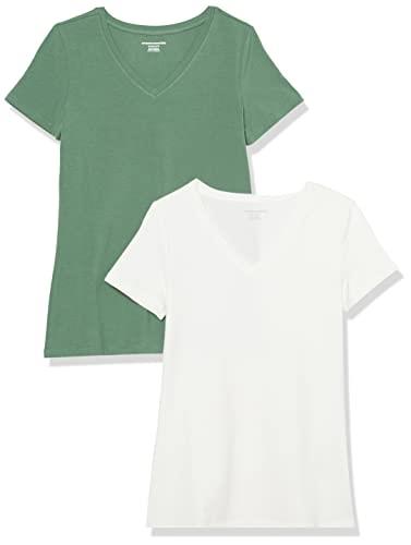 Amazon Essentials Women's Classic-Fit Short-Sleeve V-Neck T-Shirt, Pack of 2, Sage Green/White, Large