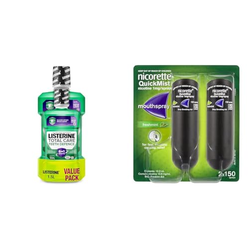 Listerine Total Care Teeth Defence Mouthwash Value Pack 1.5L + Nicorette Quit Smoking QuickMist Nicotine Mouth Spray Freshmint 2 x 150 Pack (Bulk Pack Bundle)