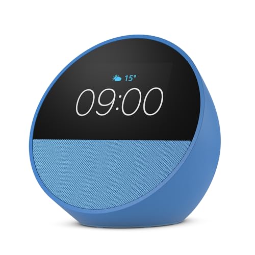 Amazon Echo Spot (2024 release), Smart alarm clock with vibrant sound, Ocean Blue, with Alexa+ Early Access