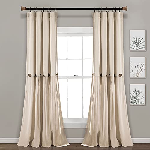 Lush Decor Linen Button Farmhouse Curtains, Single Panel, Pleated Two Tone Design 40" W x 95" L, Dark Linen